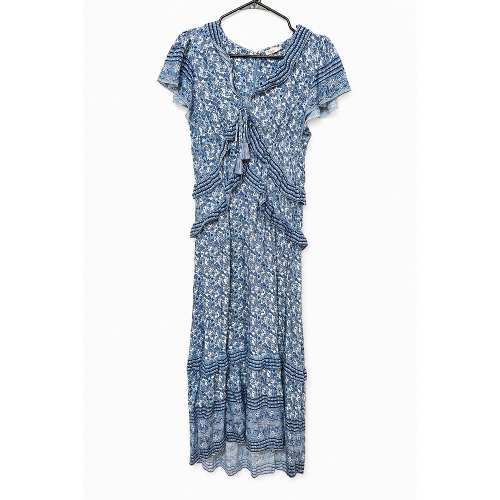 FAHERTY Bonita Floral Ruffle Blue Midi Dress Blue V-Neck  Flowly Boho S Rayon
